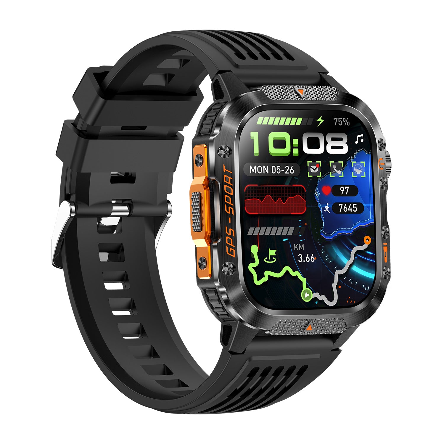 GPS smartwatch right profile – black silicone strap