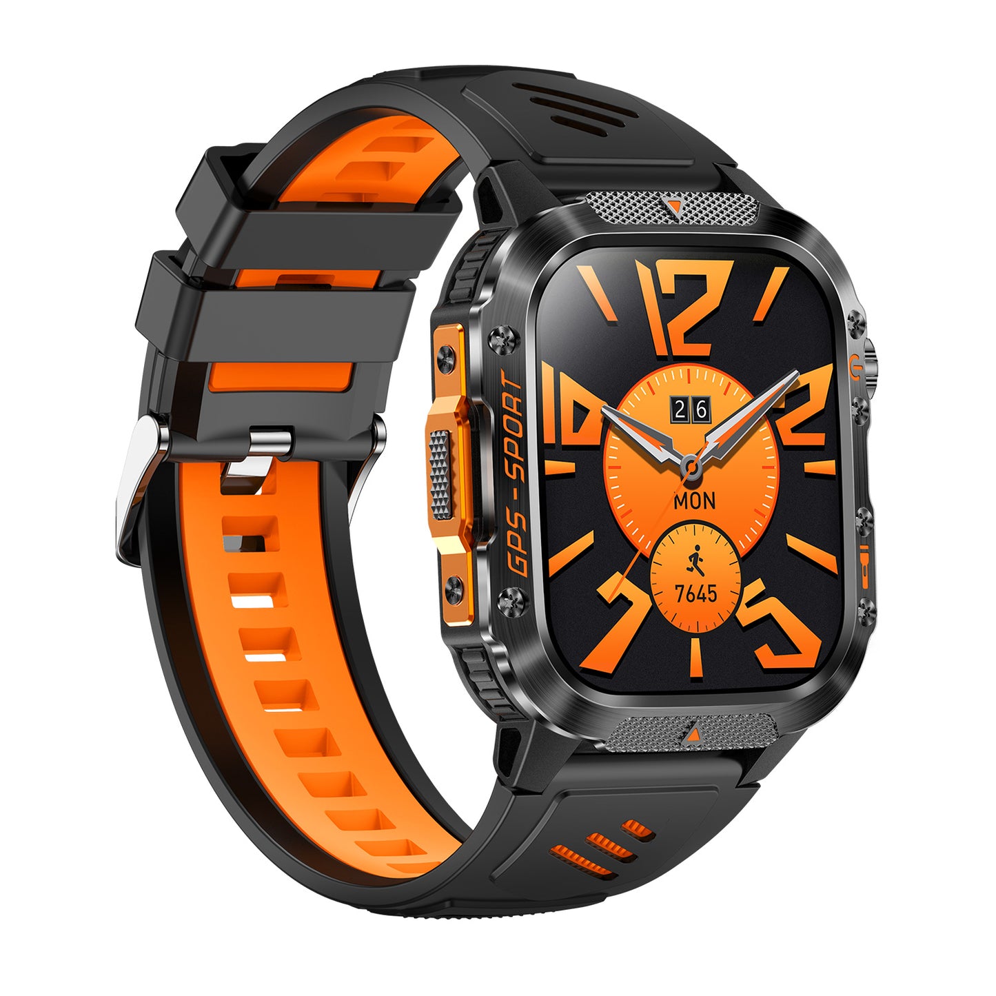 GPS smartwatch right profile – orange silicone strap