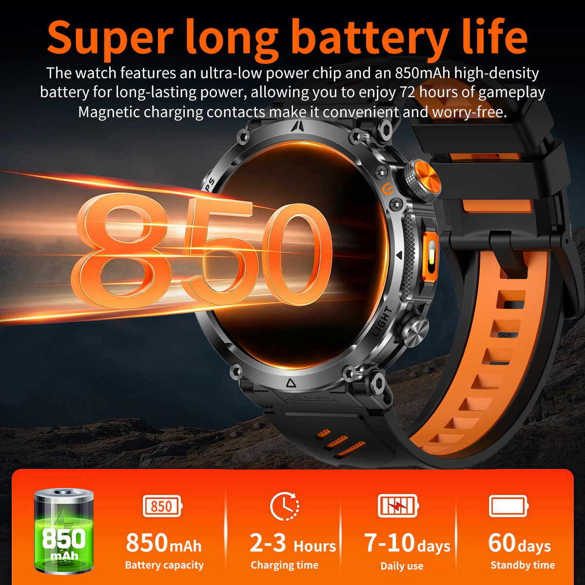Infographic showing 850mAh battery life with 5–7 days typical use and 15 days standby