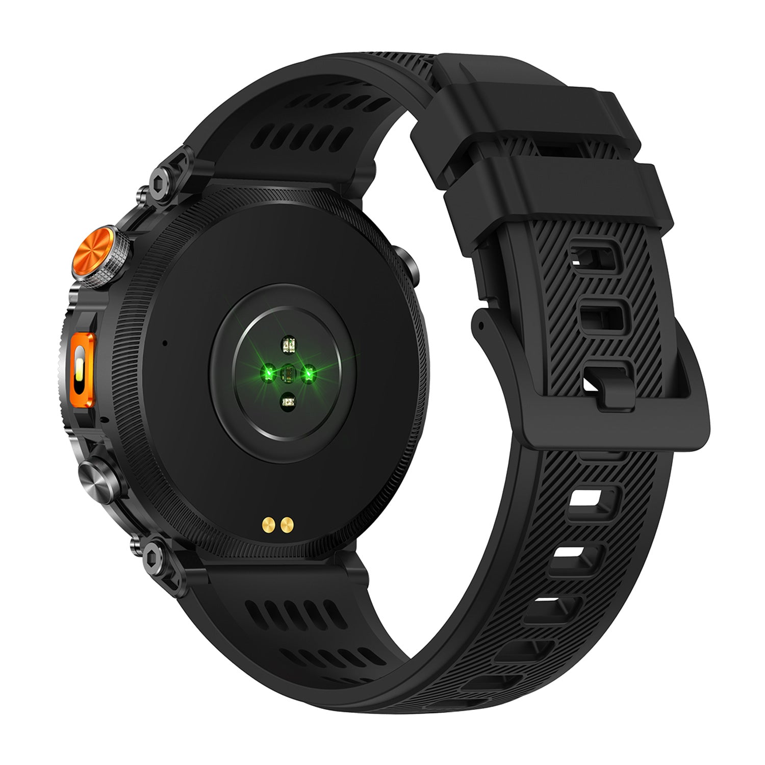 GPS smartwatch back showing sensor and strap – Black/Blue/Orange silicone