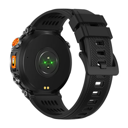 GPS smartwatch back showing sensor and strap – Black/Blue/Orange silicone