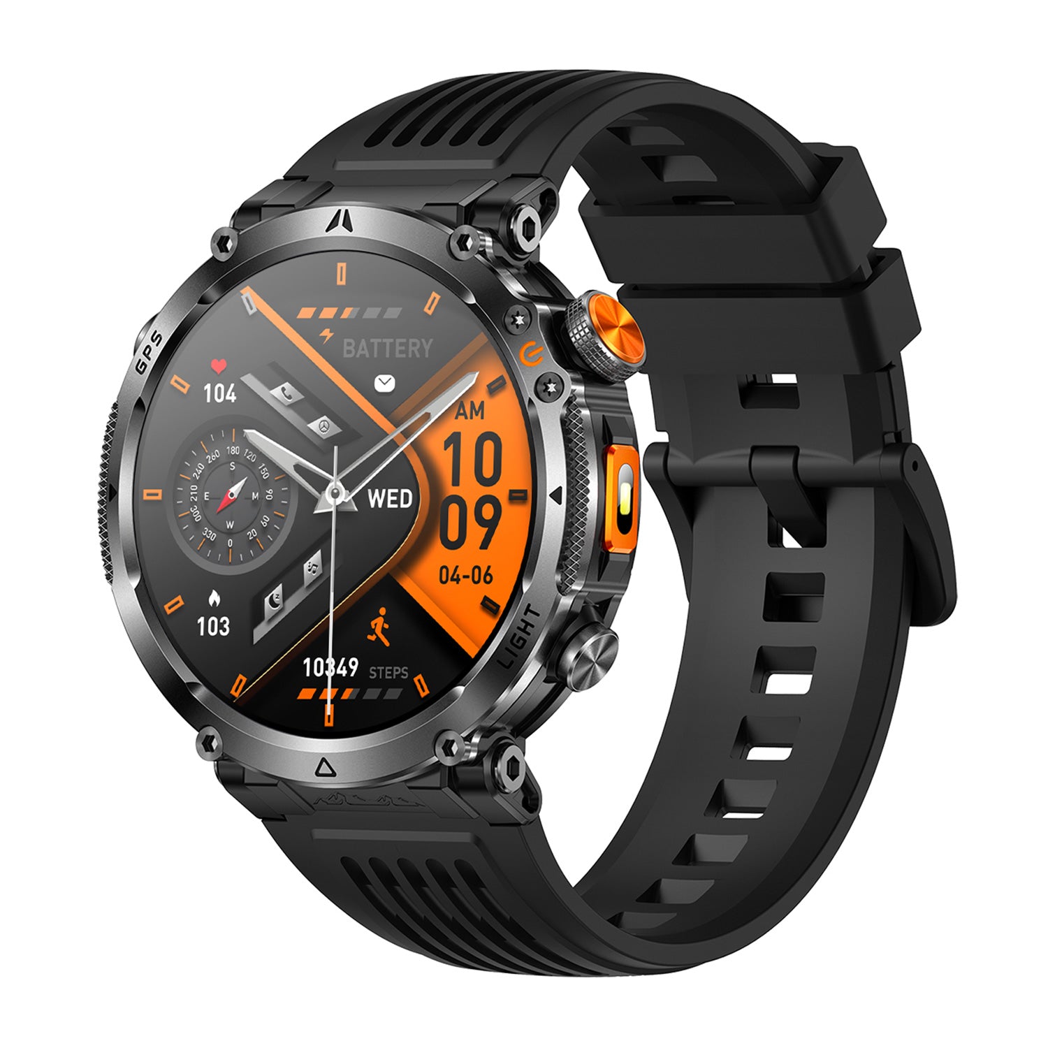 GPS smartwatch ntc15 left side showing buttons and encoder – Black/Blue/Orange silicone