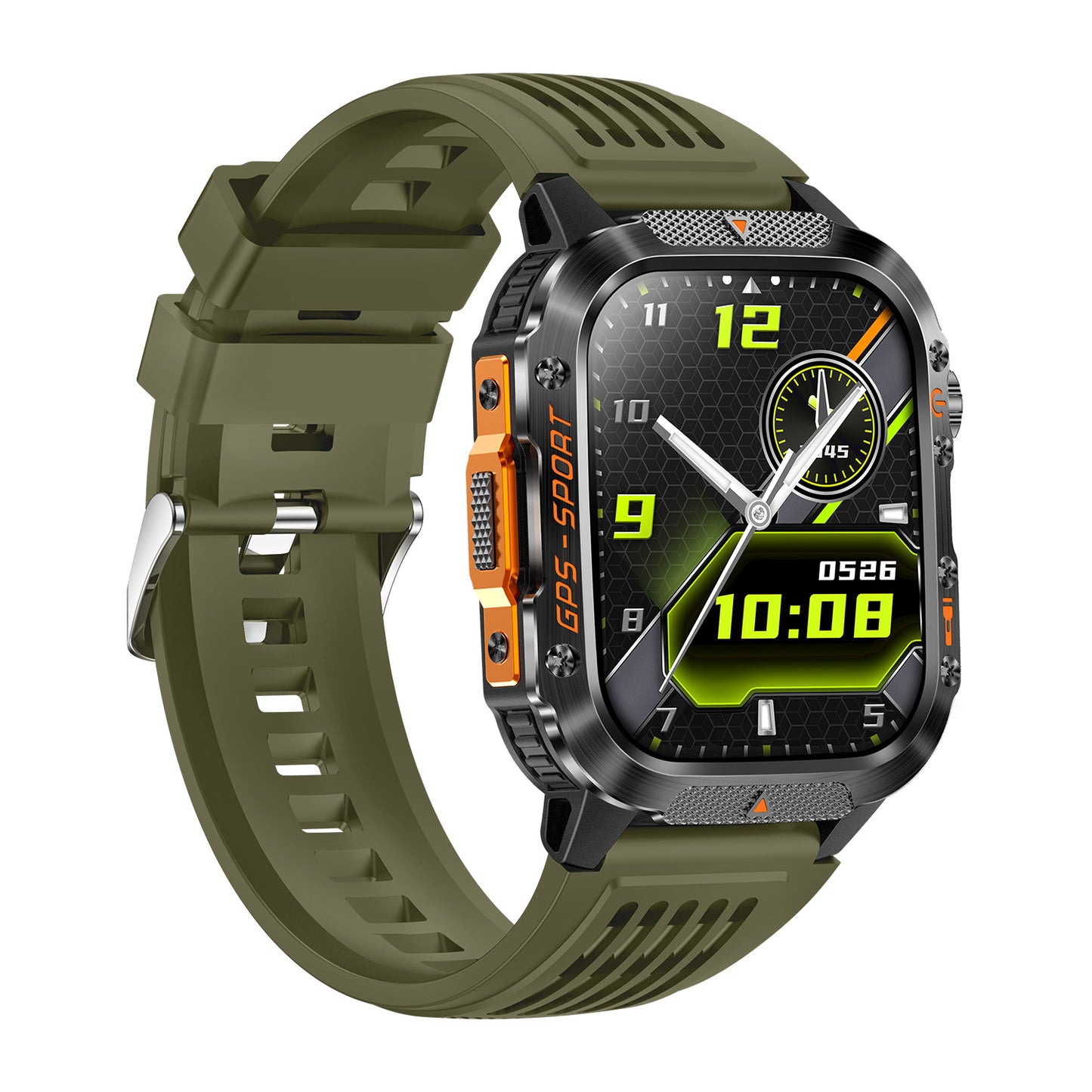 GPS smartwatch right profile – green silicone strap