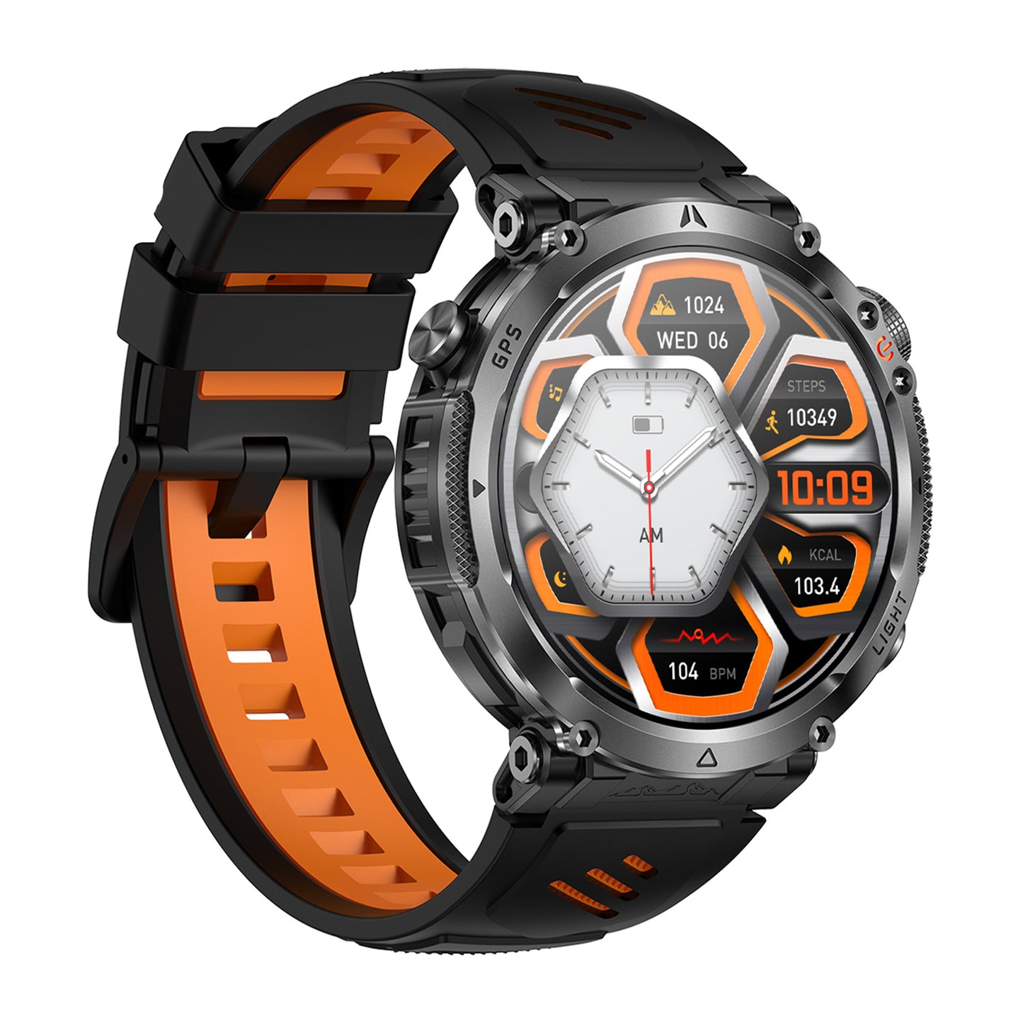 GPS smartwatch right side profile – Black/Blue/Orange silicone strap