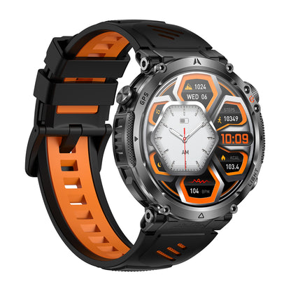 GPS smartwatch right side profile – Black/Blue/Orange silicone strap