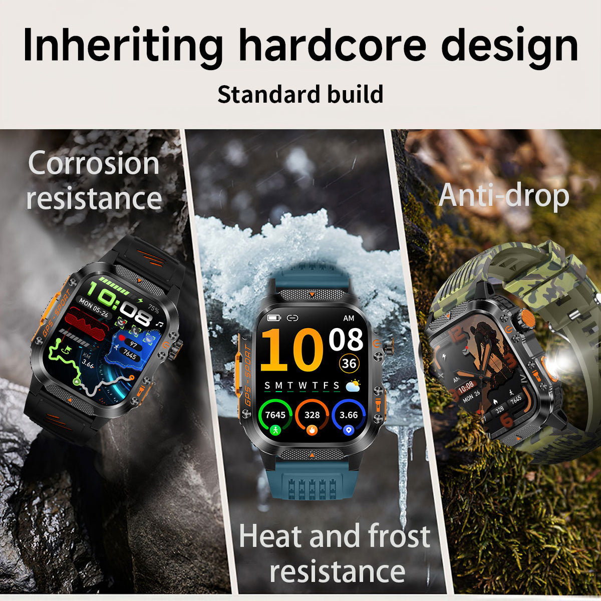 Rugged outdoor scene with smartwatch enduring tough conditions