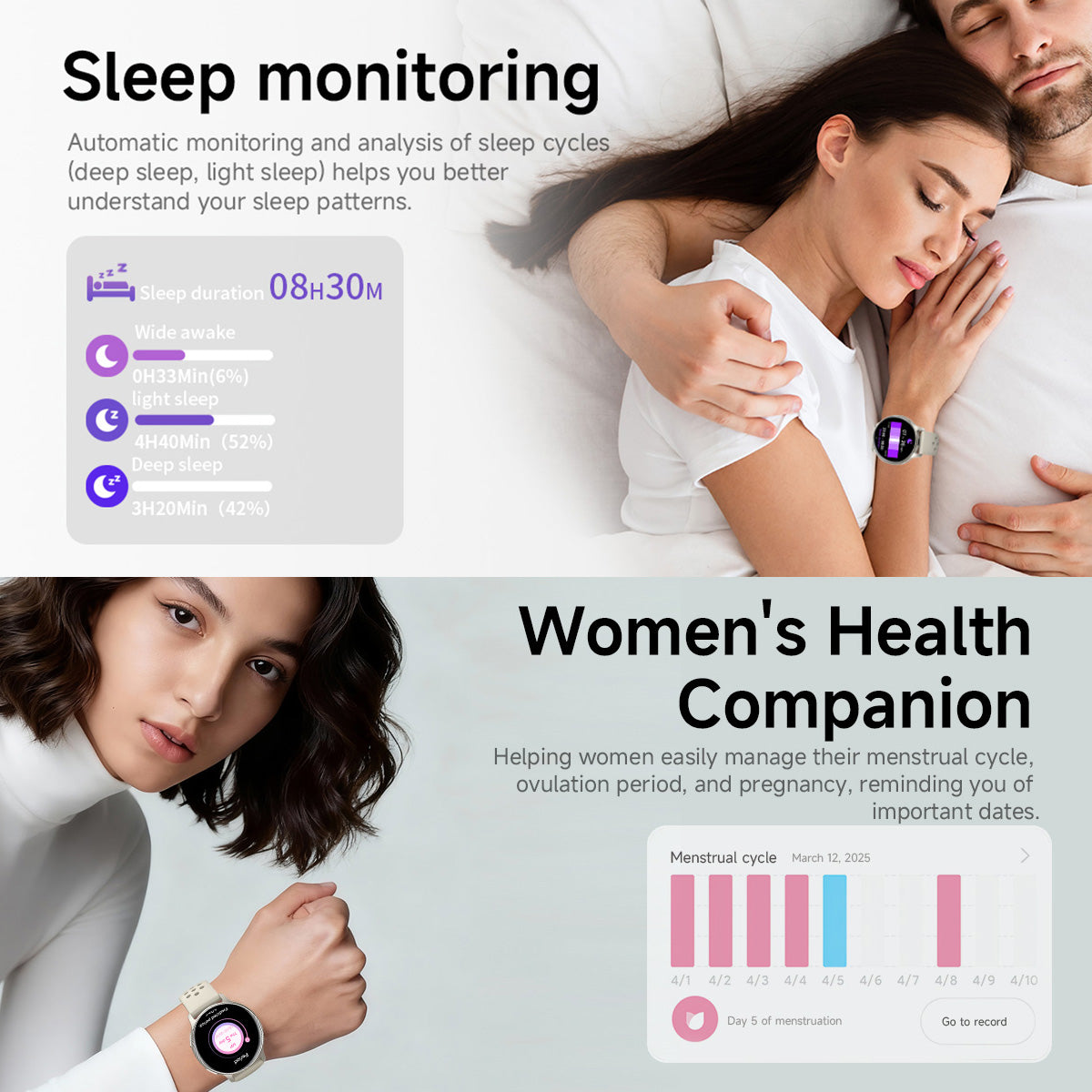 Sleep, heart rate and blood oxygen health tracking views on GPS smartwatch