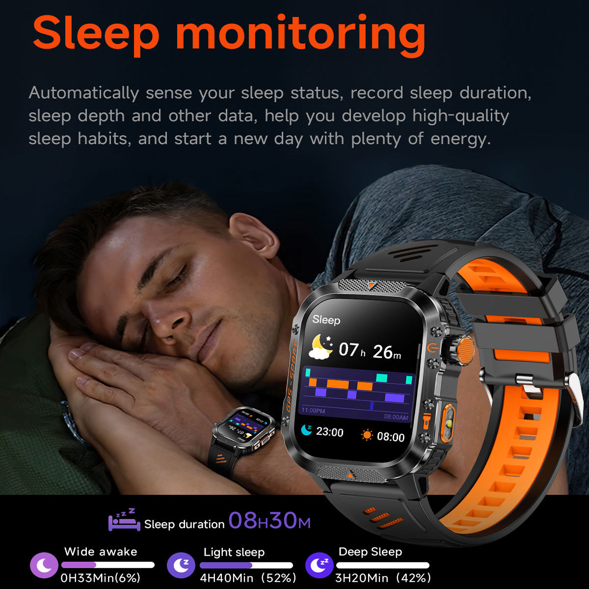 Sleep monitoring screen on GPS smartwatch showing sleep stages