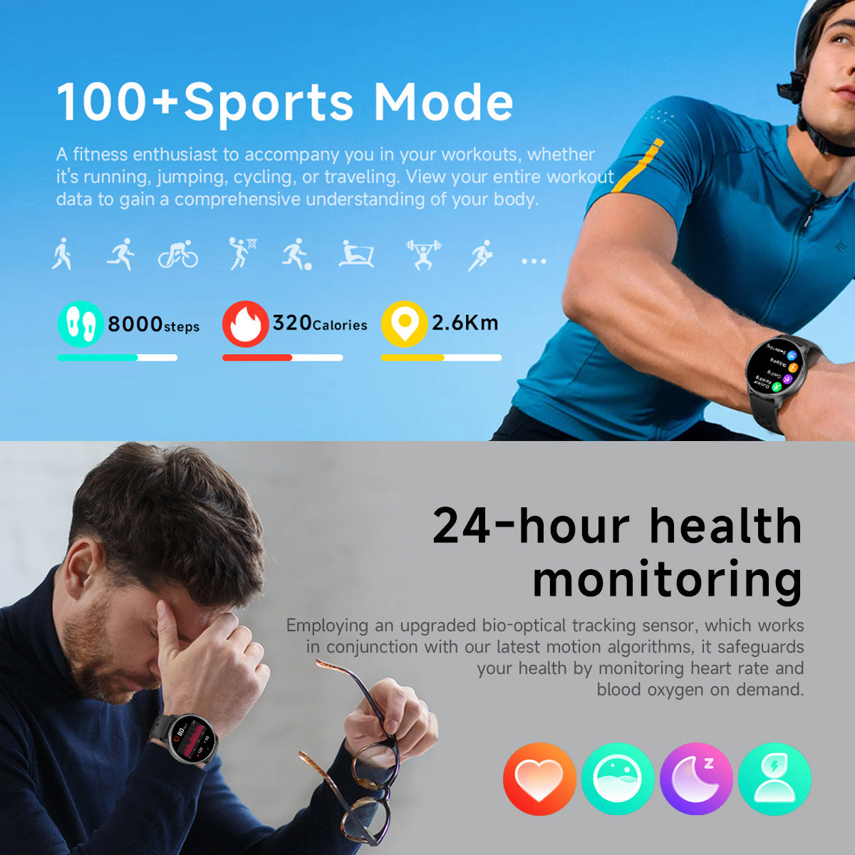 GPS smartwatch showing 100+ sports modes and health monitoring screens
