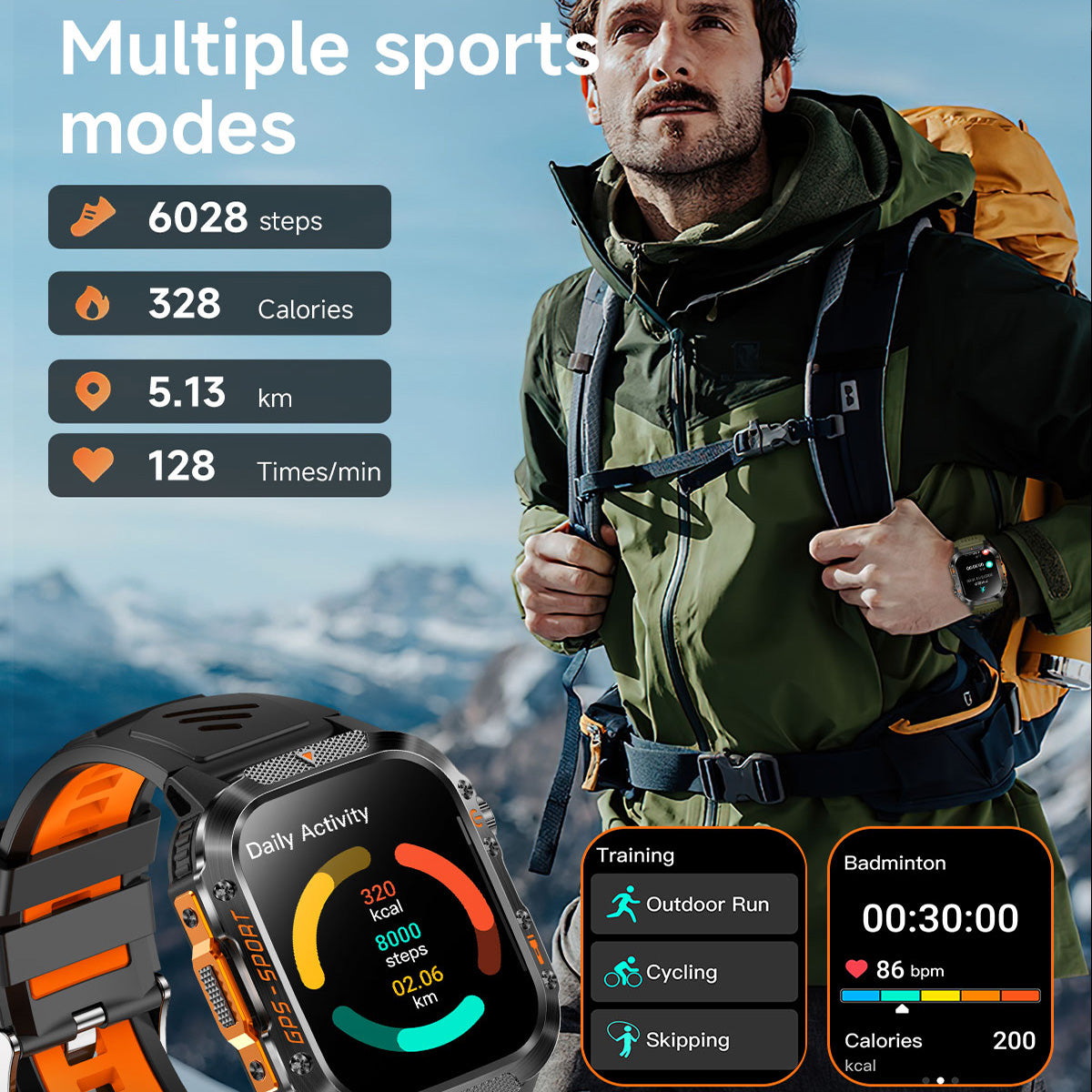 Sports and health monitoring screens showing activity tracking and heart rate