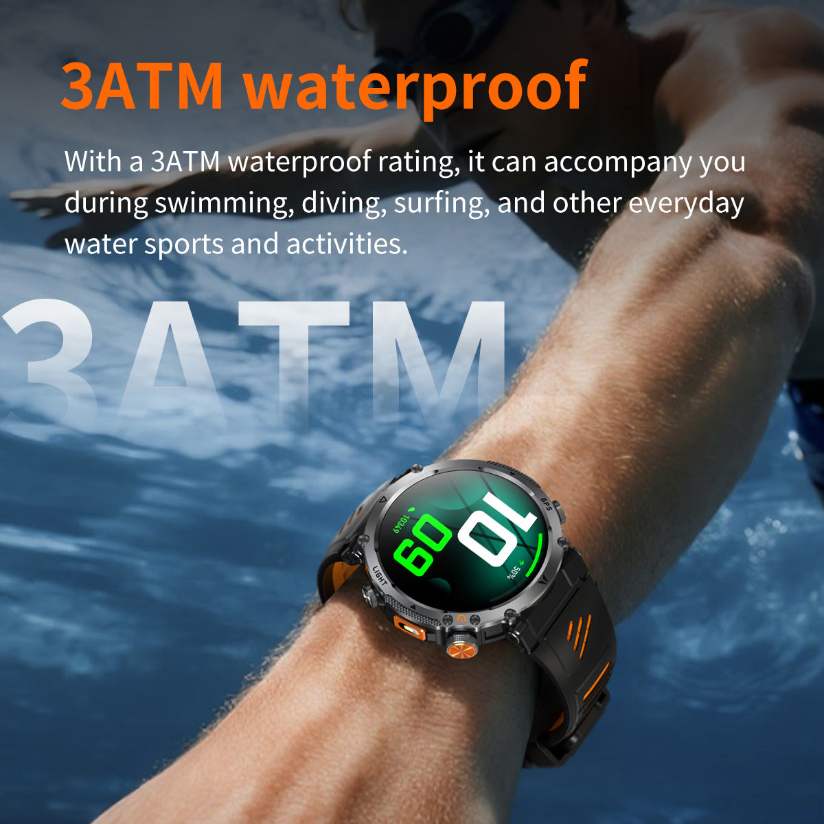 Water resistance scenario showing smartwatch with IP68 + 3ATM waterproof protection