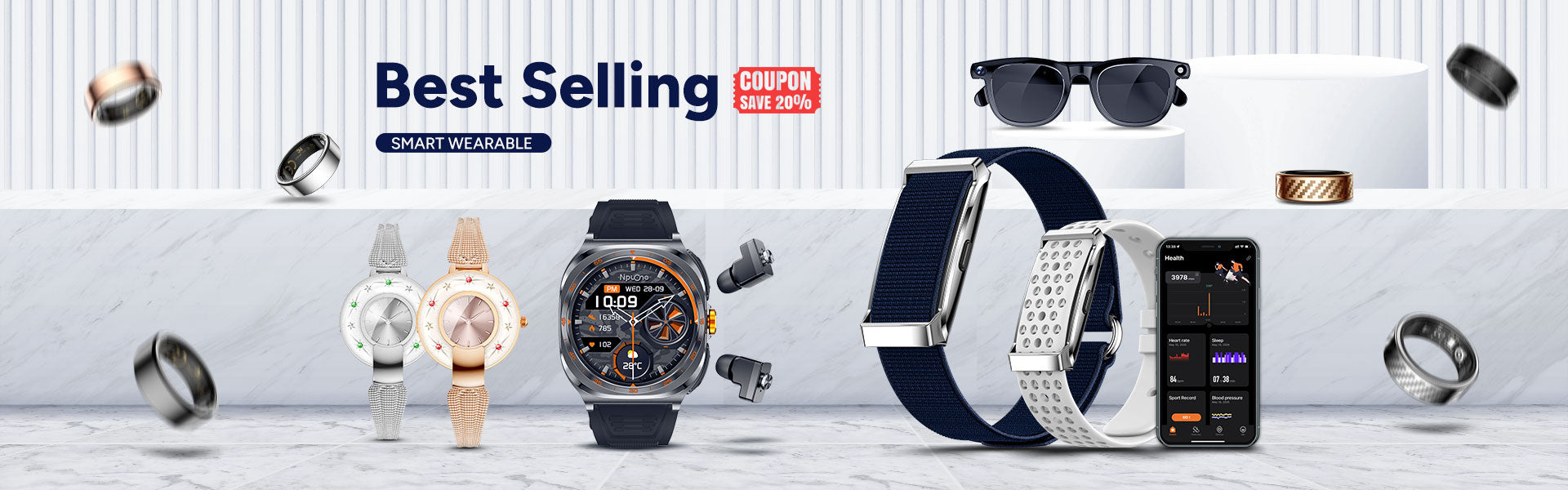 Top selling wearable tech products showcase — smartwatches, fitness trackers, smart rings and AI glasses