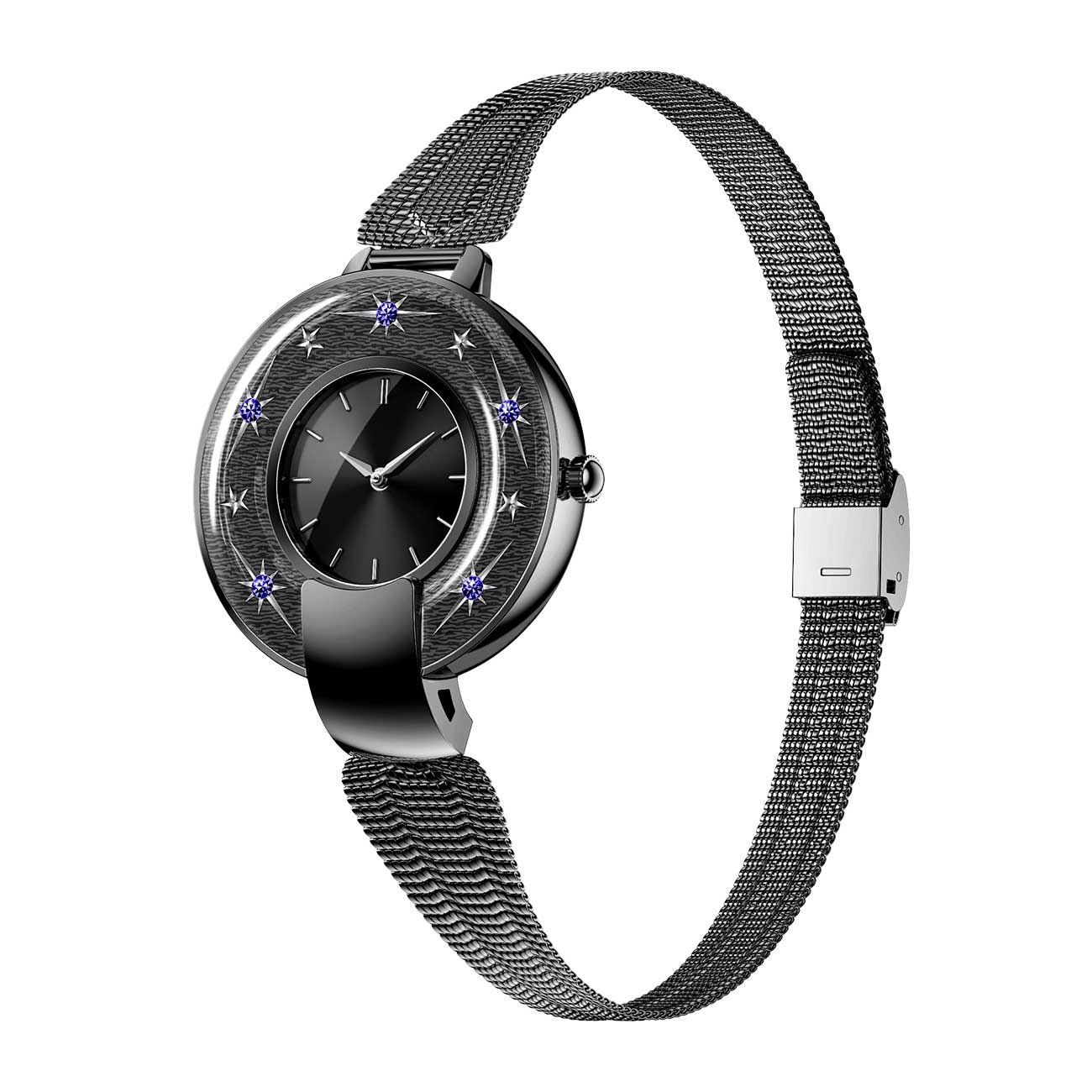 Hybrid smartwatches nsq15 left side view with black steel strap
