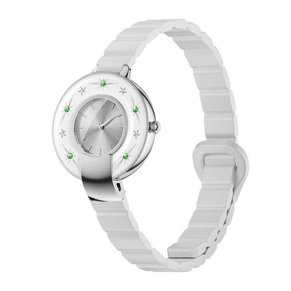 Hybrid smartwatches nsq15 left side view with silver silicone strap
