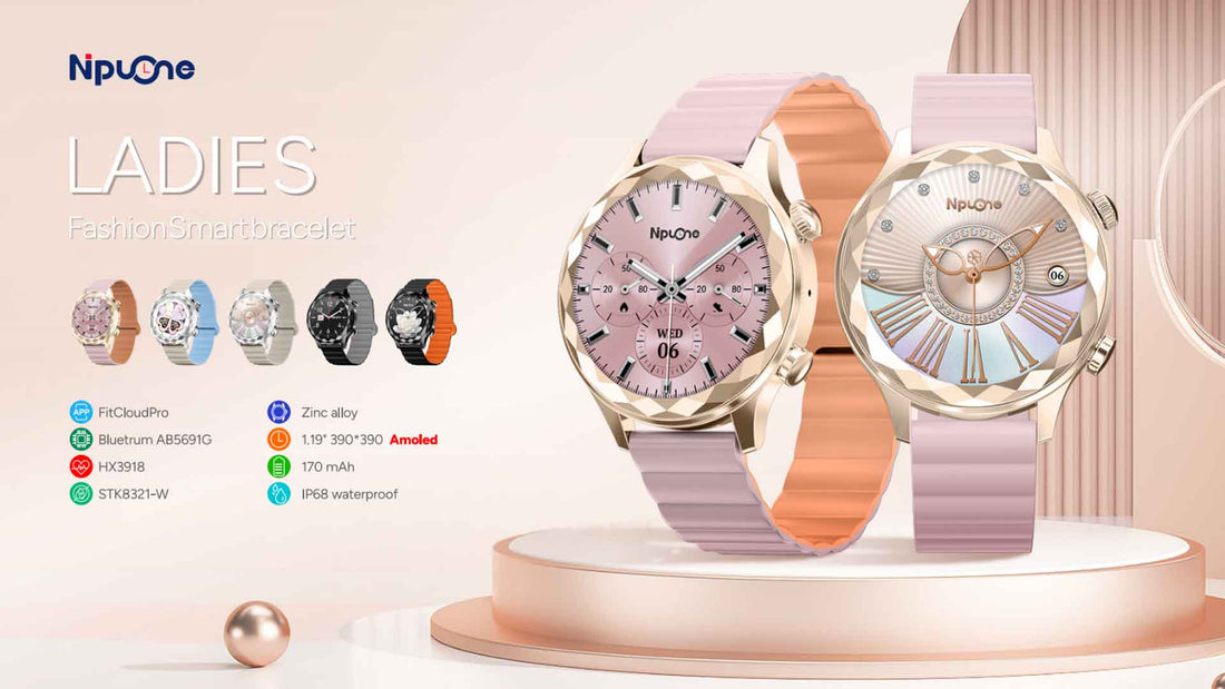 Product demonstration video of women's smartwatch with AMOLED display, Bluetooth calling, NFC and health tracking features