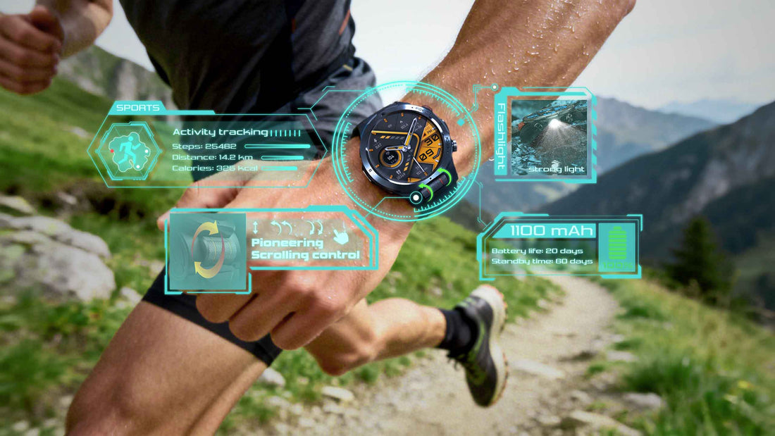 Sport smartwatch product video showing optical roller encoder control, 1.43" AMOLED display, outdoor LED flashlight, multi-sport tracking, health monitoring metrics, and 20-day battery life.