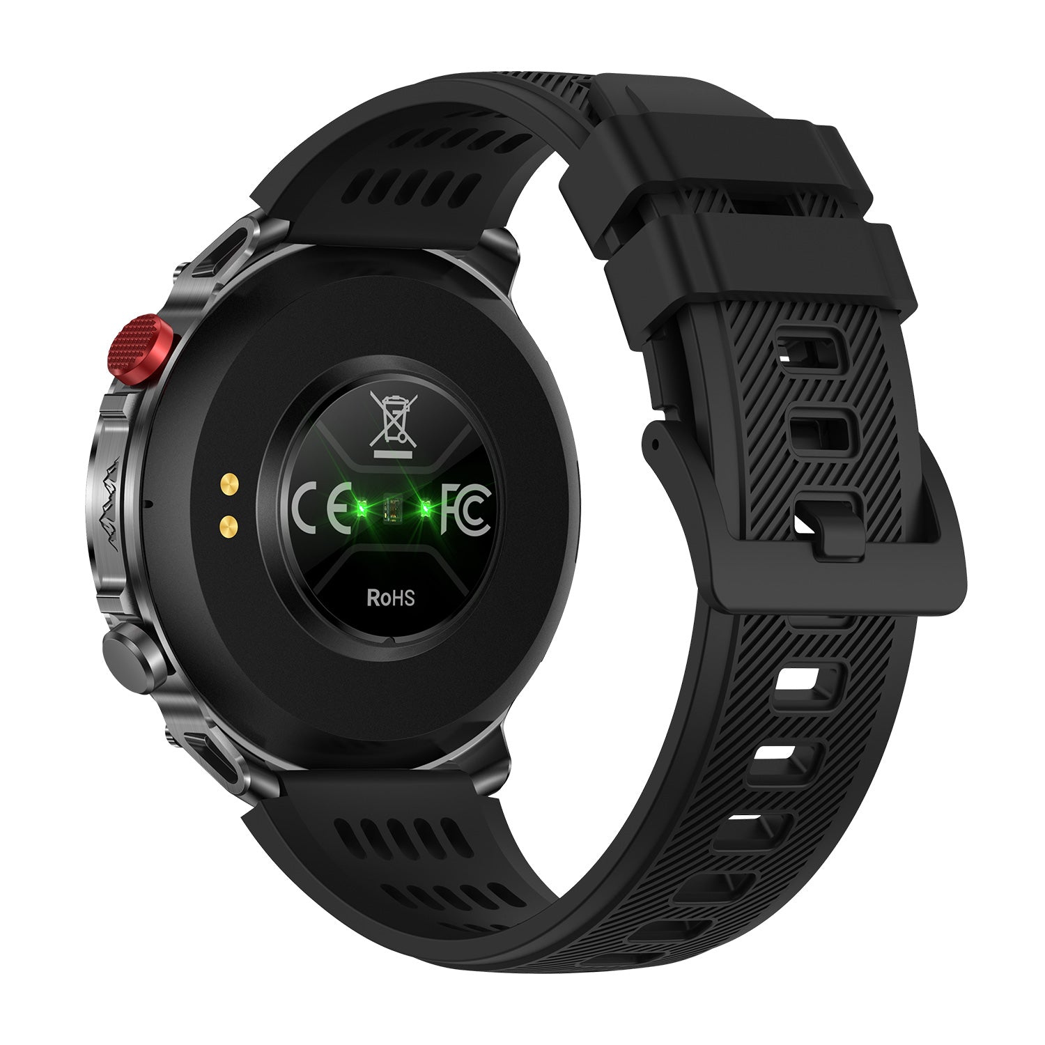 Sport smartwatch back view showing sensors – black silicone strap