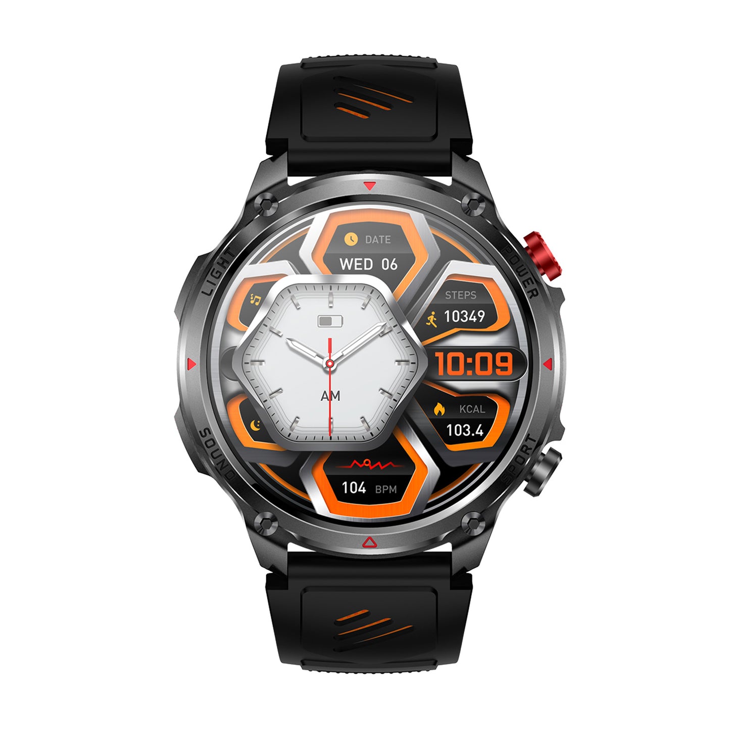 Sport smartwatch front view with 1.7" IPS display – black and orange silicone strap
