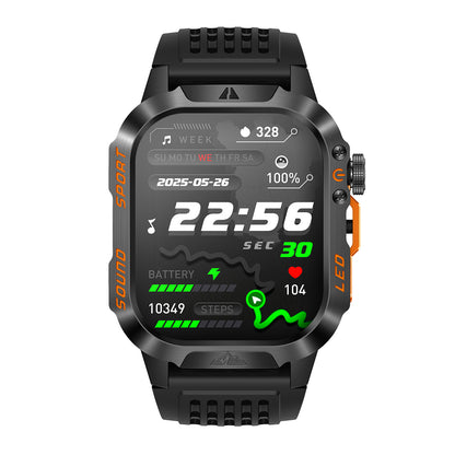 Sport smartwatch front view with 2.01″ IPS display – black/blue/orange silicone strap