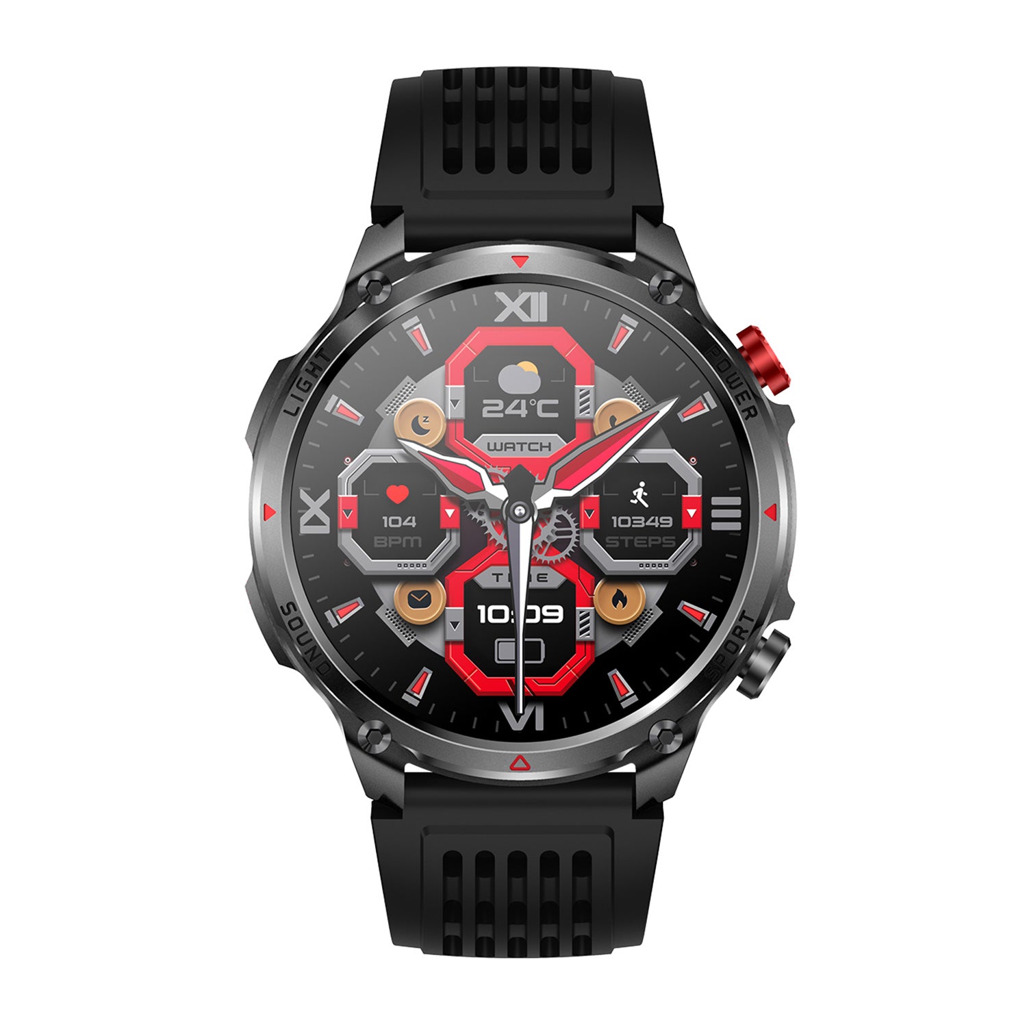 Sport smartwatch front view with 1.7" IPS display – black silicone strap