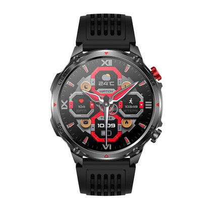 Sport smartwatch front view with 1.7" IPS display – black silicone strap