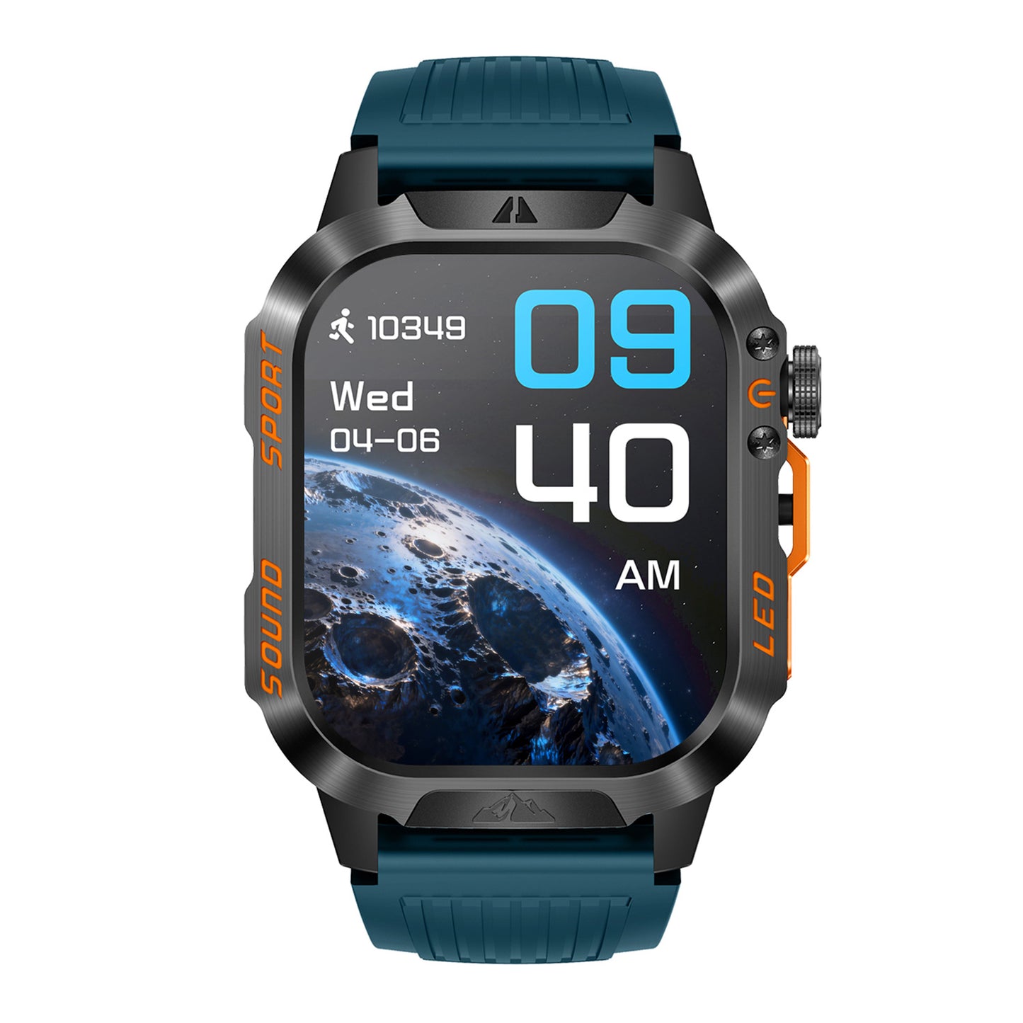 Sport smartwatch front view with 2.01″ IPS display – black/blue/orange silicone strap