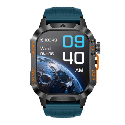 Sport smartwatch front view with 2.01″ IPS display – black/blue/orange silicone strap