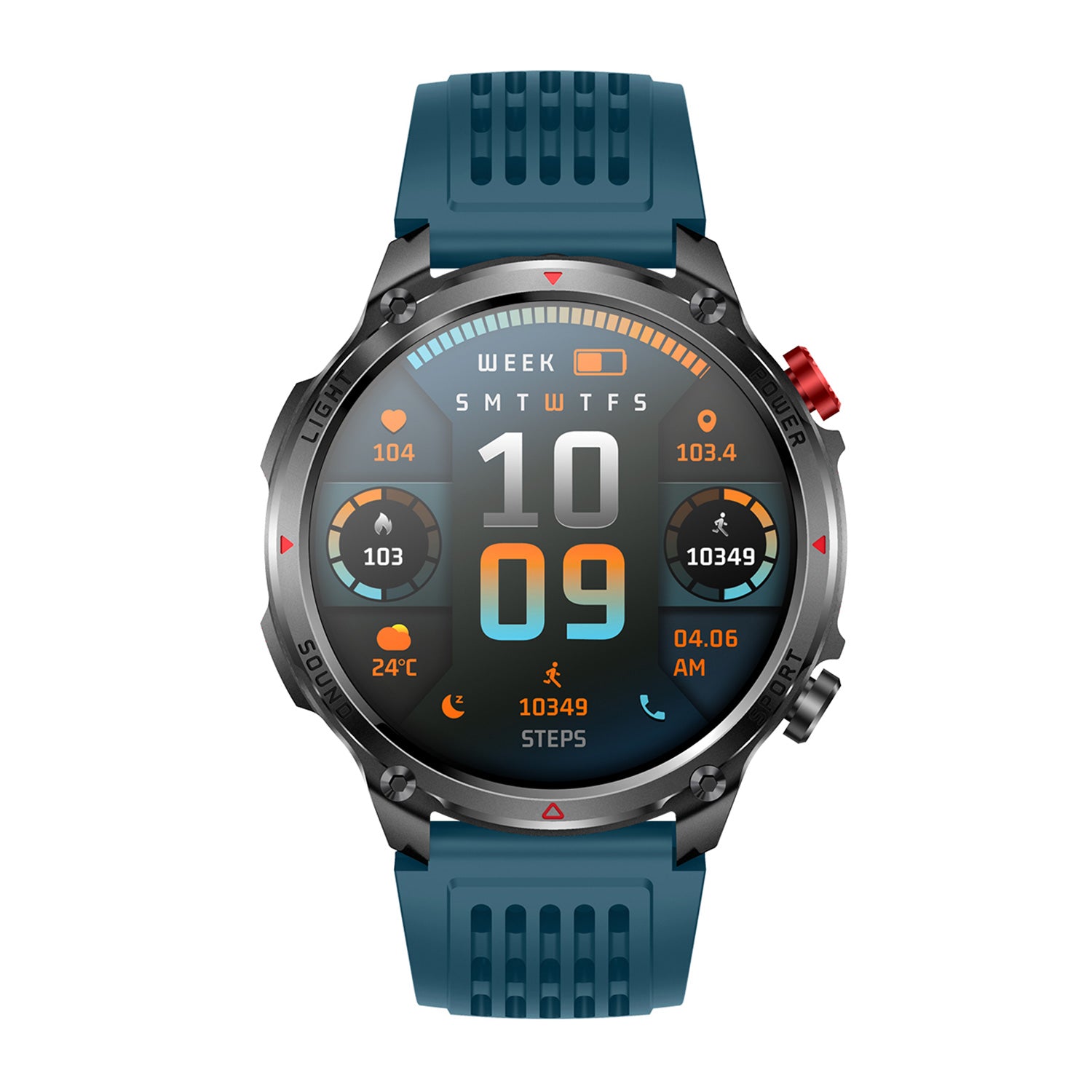 Sport smartwatch front view with 1.7" IPS display – blue silicone strap