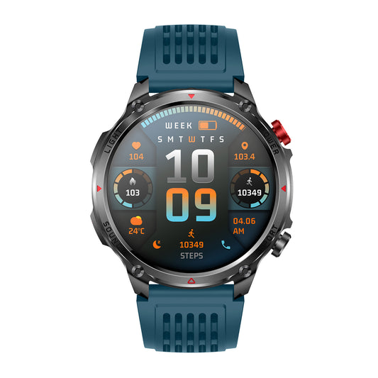 Sport smartwatch front view with 1.7" IPS display – blue silicone strap