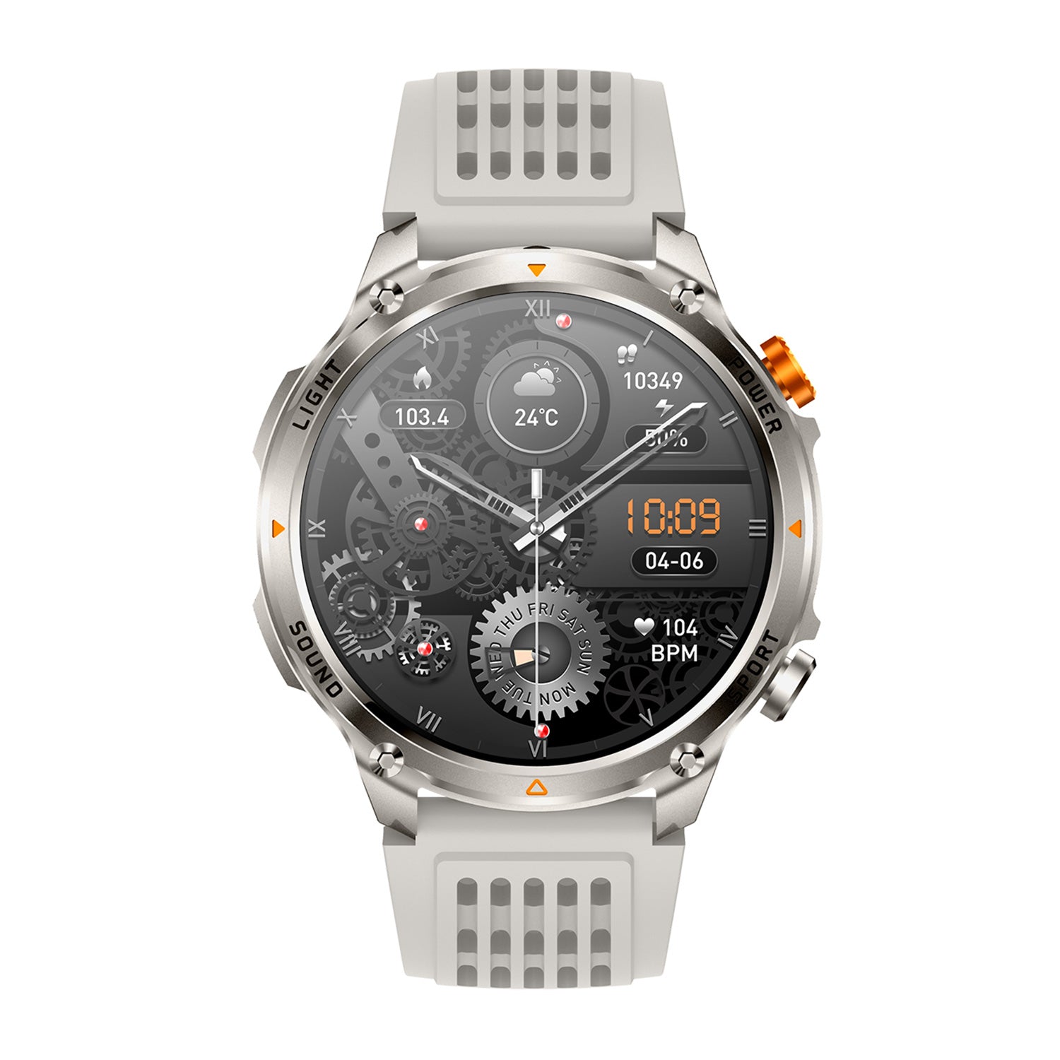 Sport smartwatch front view with 1.7" IPS display – grey silicone strap