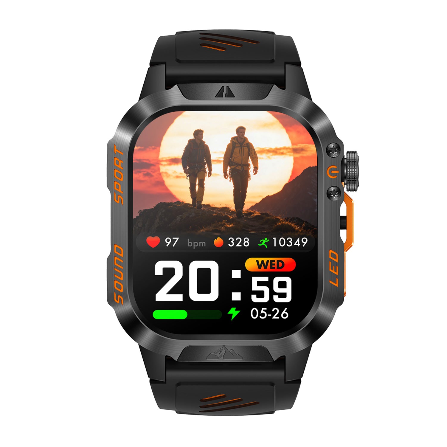 Sport smartwatch front view with 2.01″ IPS display – black/blue/orange silicone strap