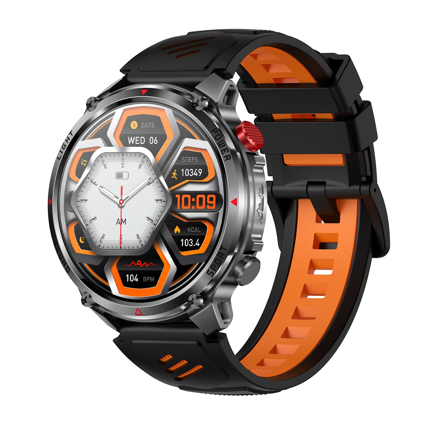 Sport smartwatch left side showing buttons – black-orange silicone strap