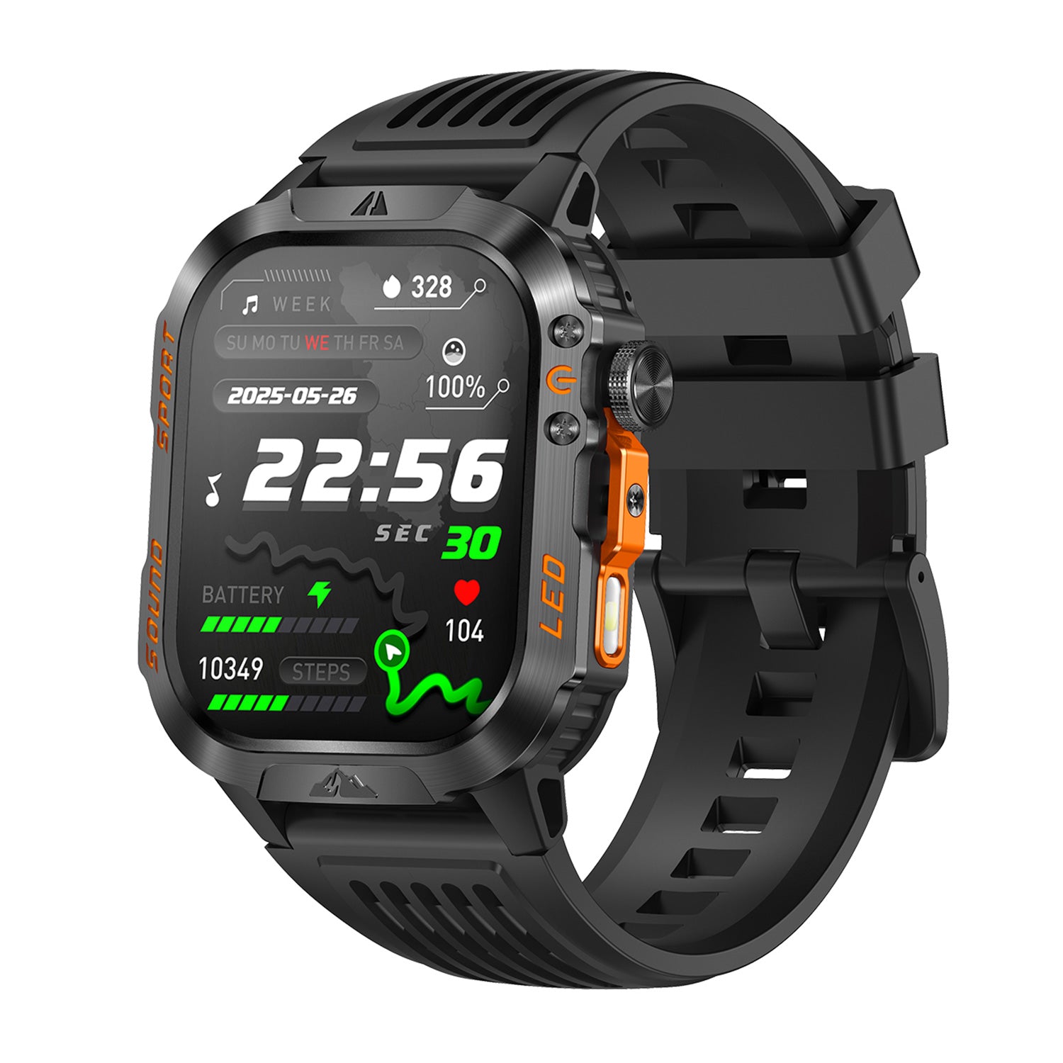 Sport smartwatch left side showing control buttons – black/blue/orange silicone strap