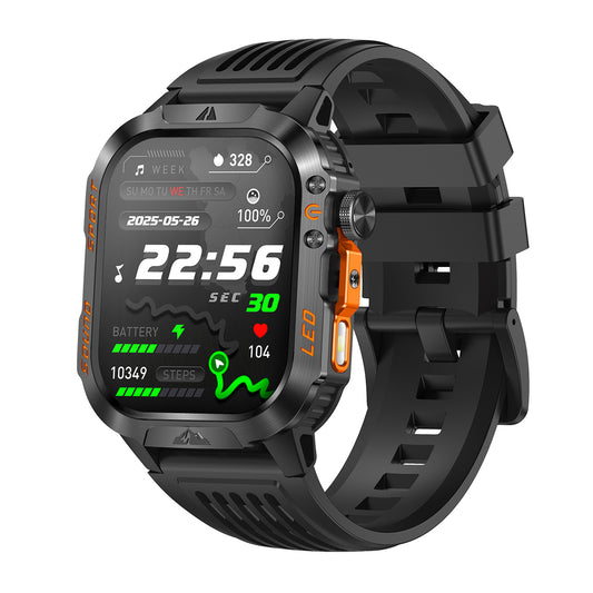 Sport smartwatch left side showing control buttons – black/blue/orange silicone strap