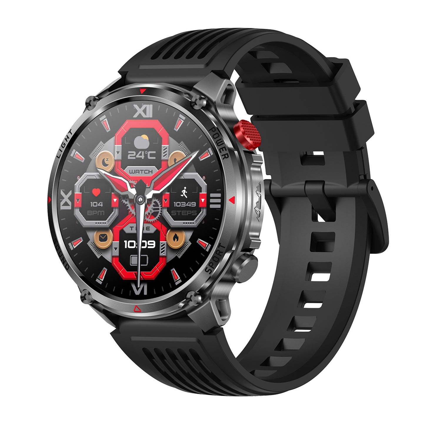 Sport smartwatch left side showing buttons – black silicone strap