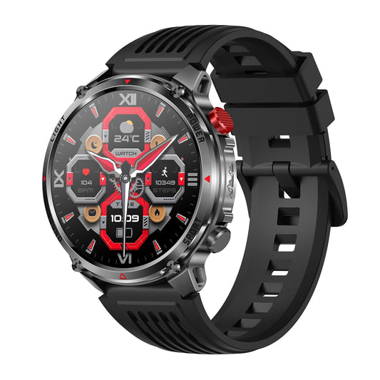 Sport smartwatch left side showing buttons – black silicone strap