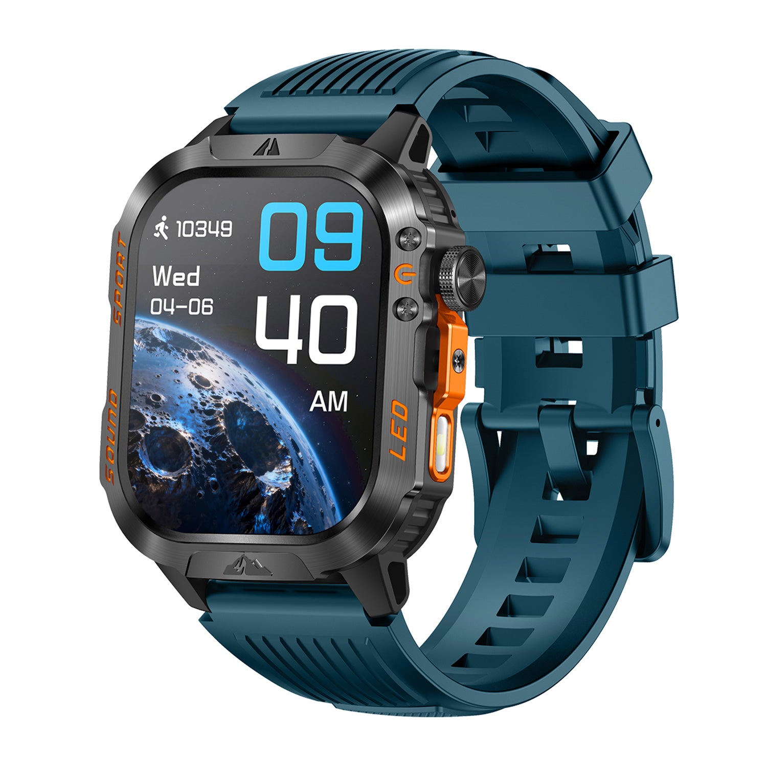 Sport smartwatch left side showing control buttons – black/blue/orange silicone strap