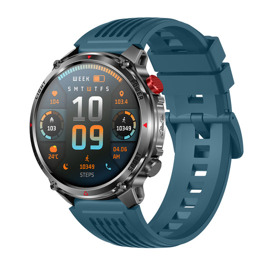 Sport smartwatch left side showing buttons – blue silicone strap