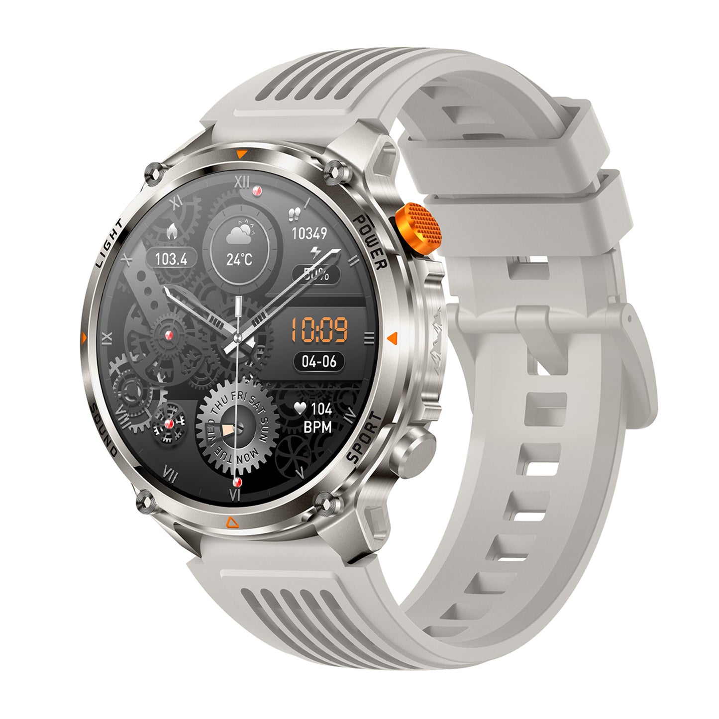 Sport smartwatch left side showing buttons – grey silicone strap