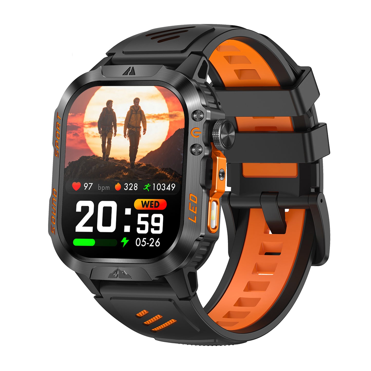 Sport smartwatch left side showing control buttons – black/blue/orange silicone strap