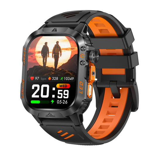 Sport smartwatch left side showing control buttons – black/blue/orange silicone strap