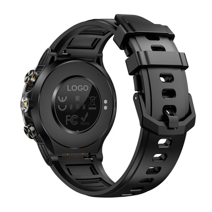Black sport smartwatch back view showing heart rate sensor and strap attachment
