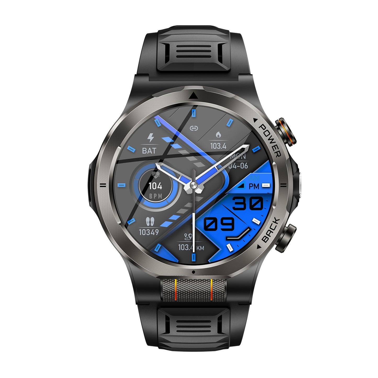 Black sport smartwatch front view showing 1.43-inch AMOLED display and sleek design