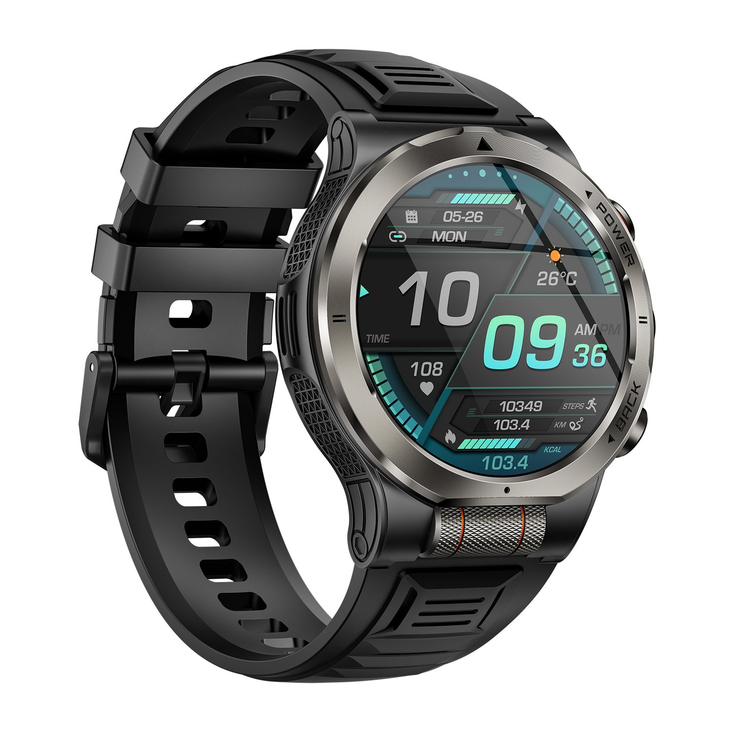 Black sport smartwatch left side view highlighting optical encoder control and button layout