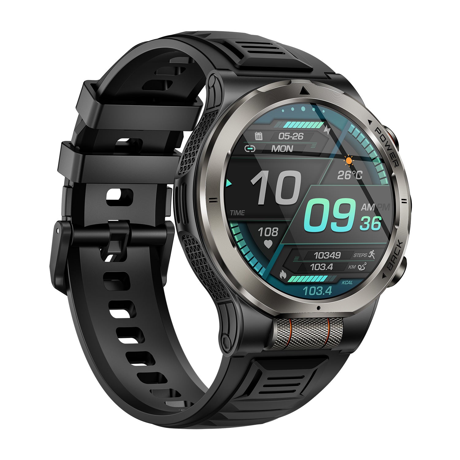 Black sport smartwatch left side view highlighting optical encoder control and button layout