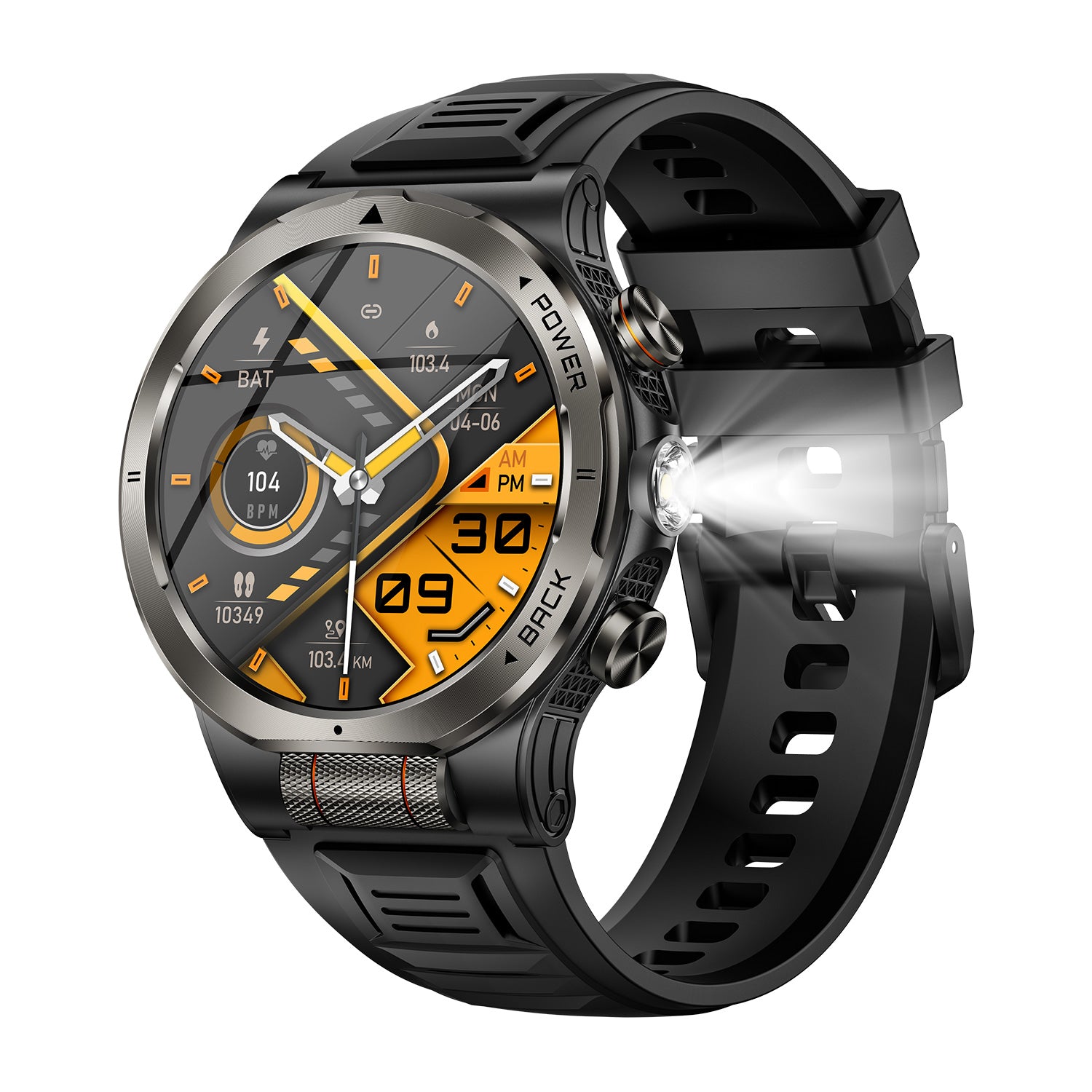 Black sport smartwatch right side view showing streamlined profile and button design