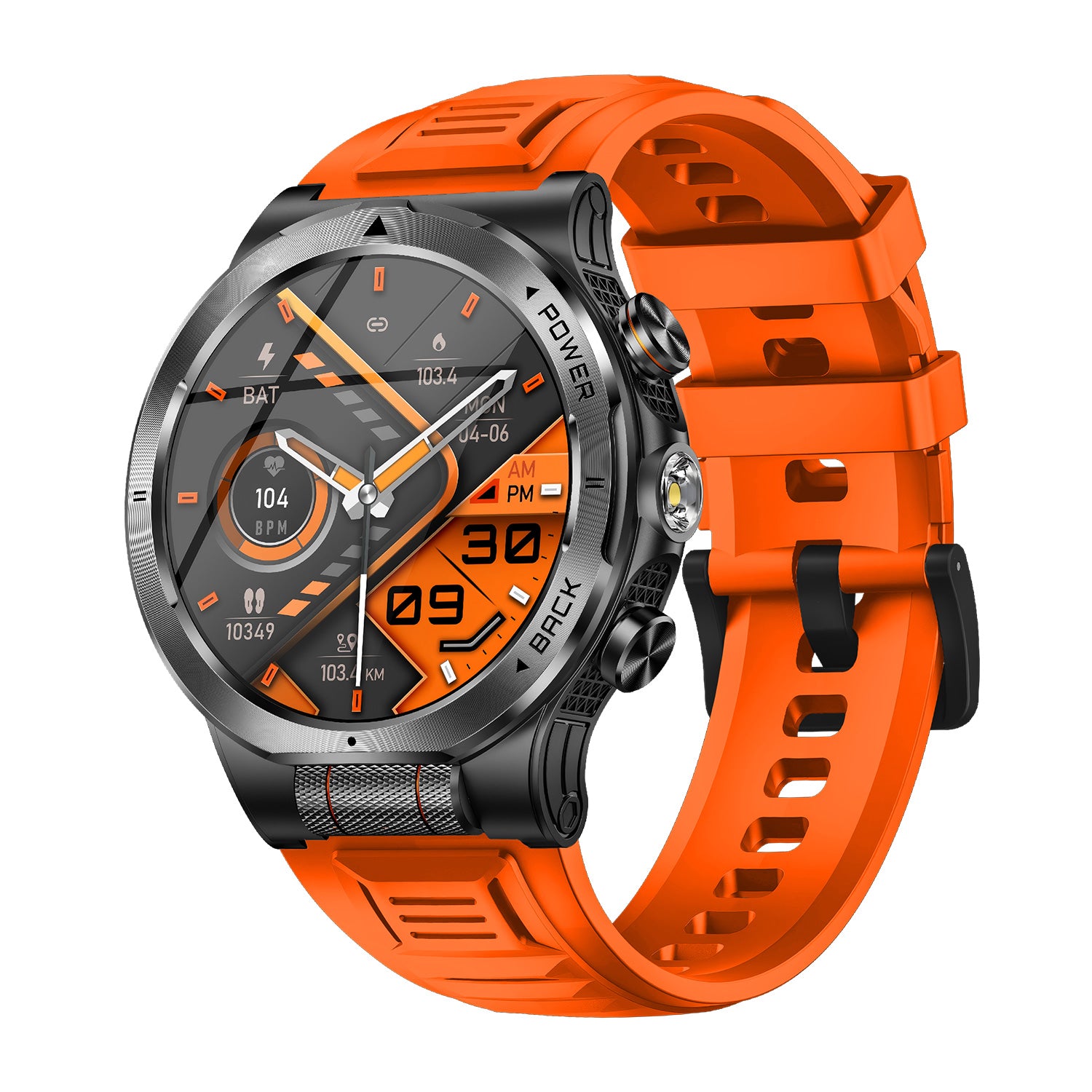Orange sport smartwatch right side view highlighting vibrant strap color and display contrast