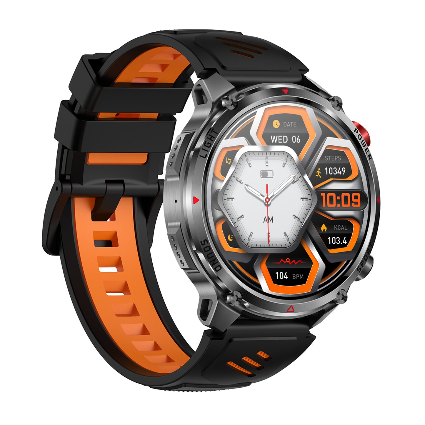 Sport smartwatch right profile – black-orange silicone strap