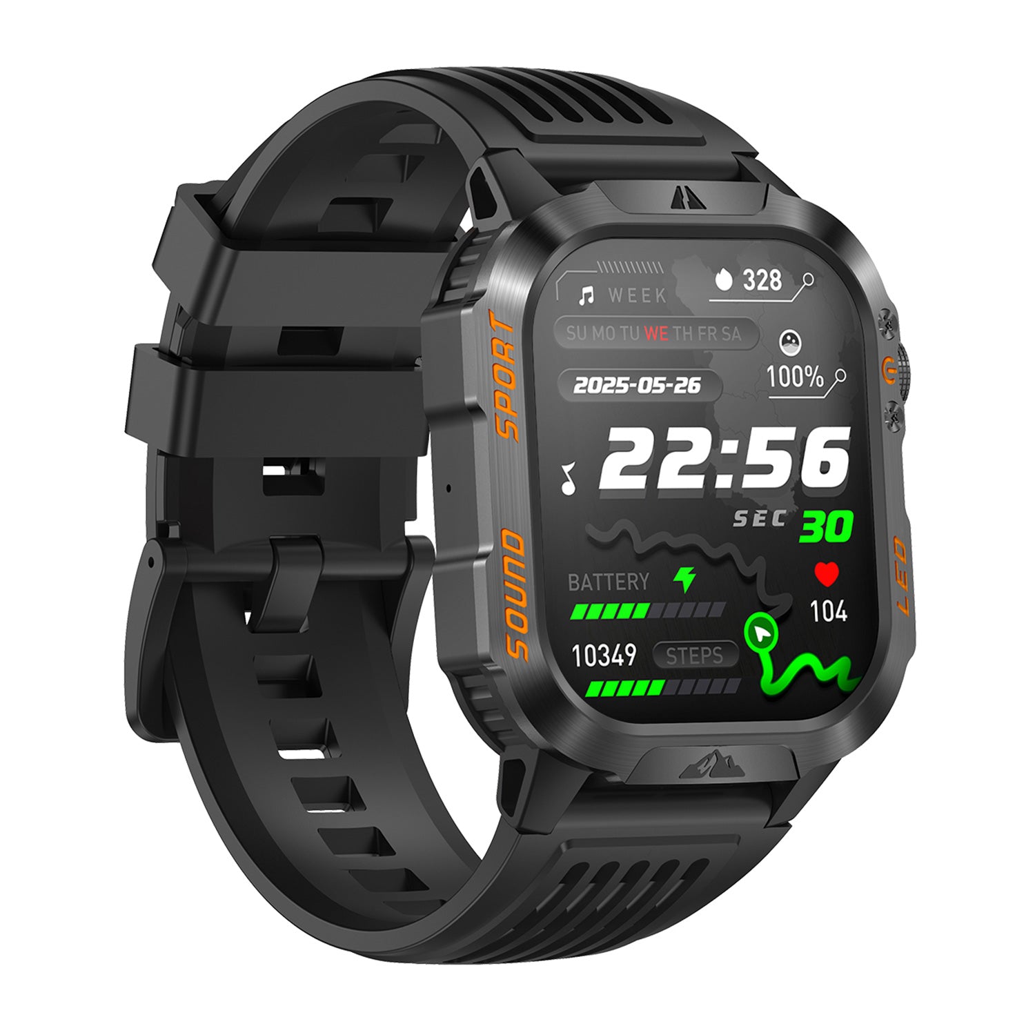 Sport smartwatch right profile – black/blue/orange silicone strap