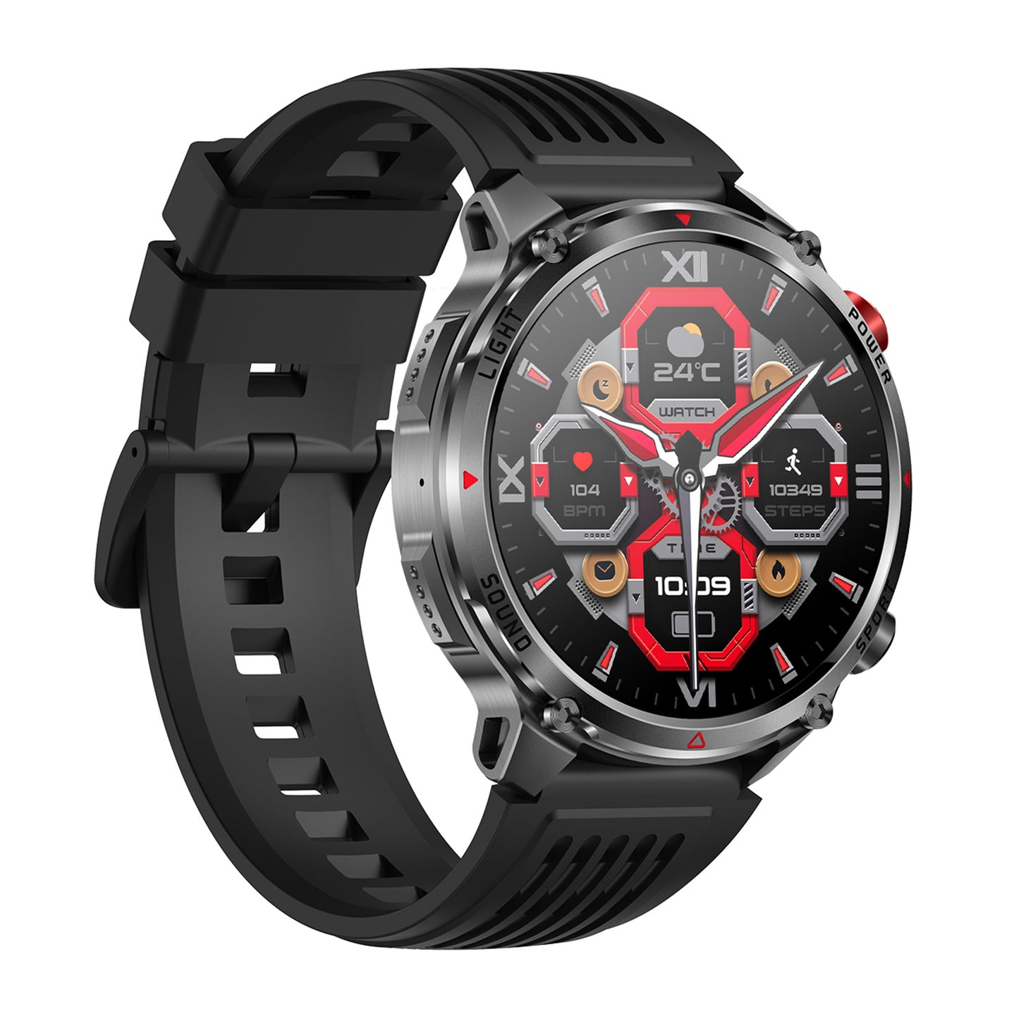 Sport smartwatch right profile – black silicone strap